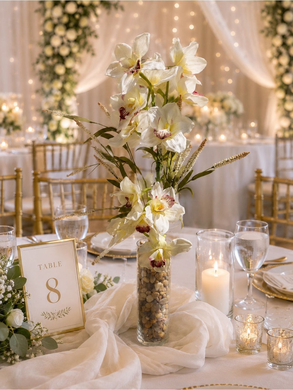 White Orchid Artificial Arrangement in Glass Vase with River Rocks